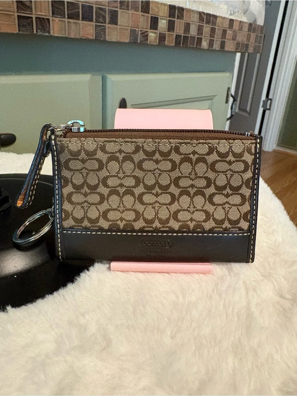 Coach Brown Signature Canvas Wristlet Keychain